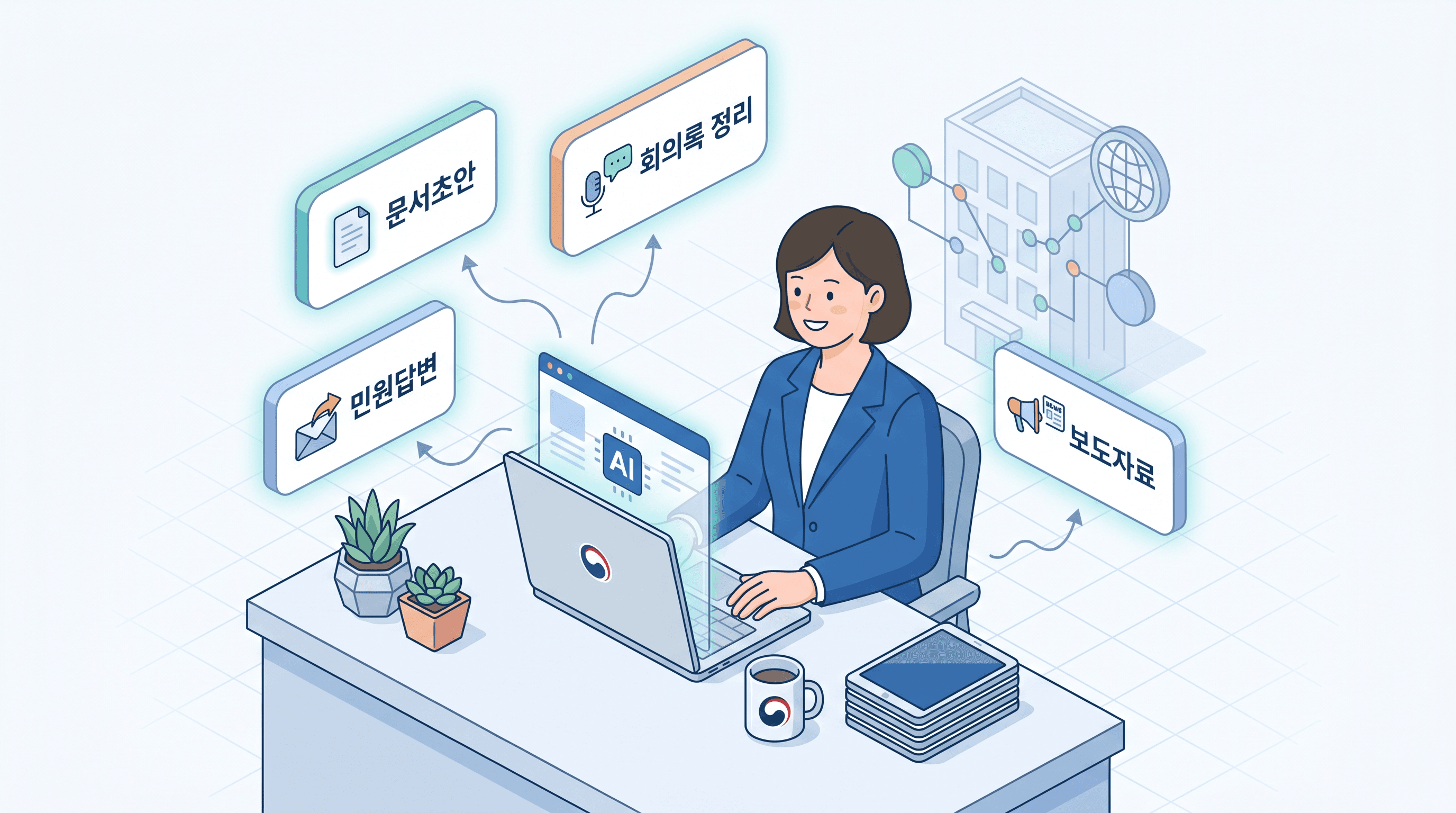 공무원이 AI 도구(문서초안·회의록 정리·민원답변·보도자료)를 활용해 업무를 보는 모습